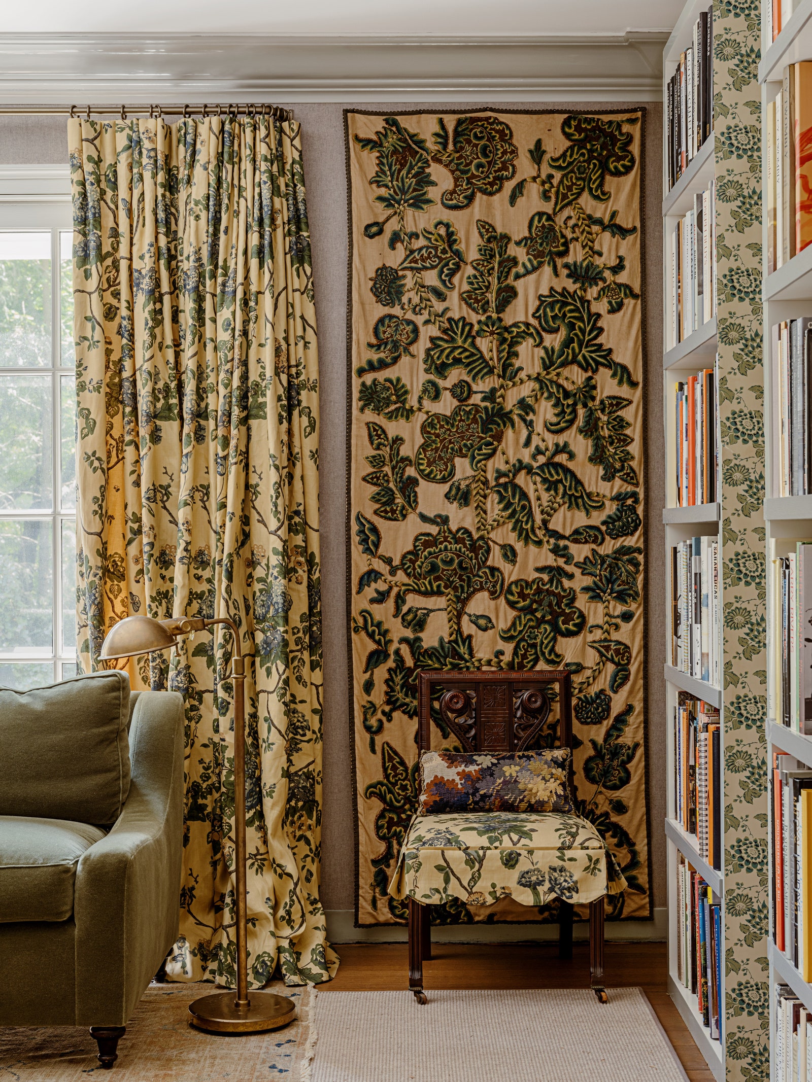 living room with drapes and tapestry